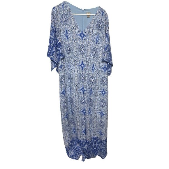 Chicos Maxi Dress Women’s 18 Blue Medallion V-Neck Title Print Side Slits - Picture 2 of 7